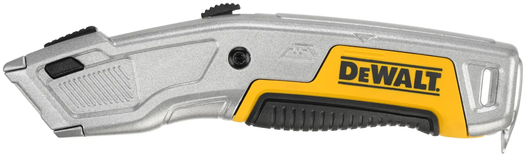 DEWALT utility knife with a silver and yellow handle and black grip, side view on white background.