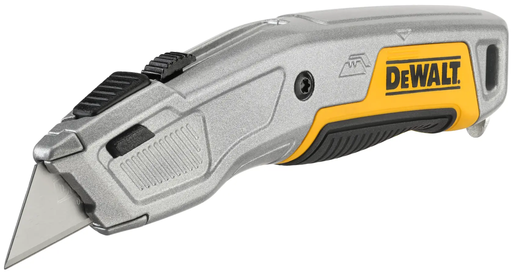 DEWALT utility knife with retractable blade and ergonomic handle, shown against a white background.