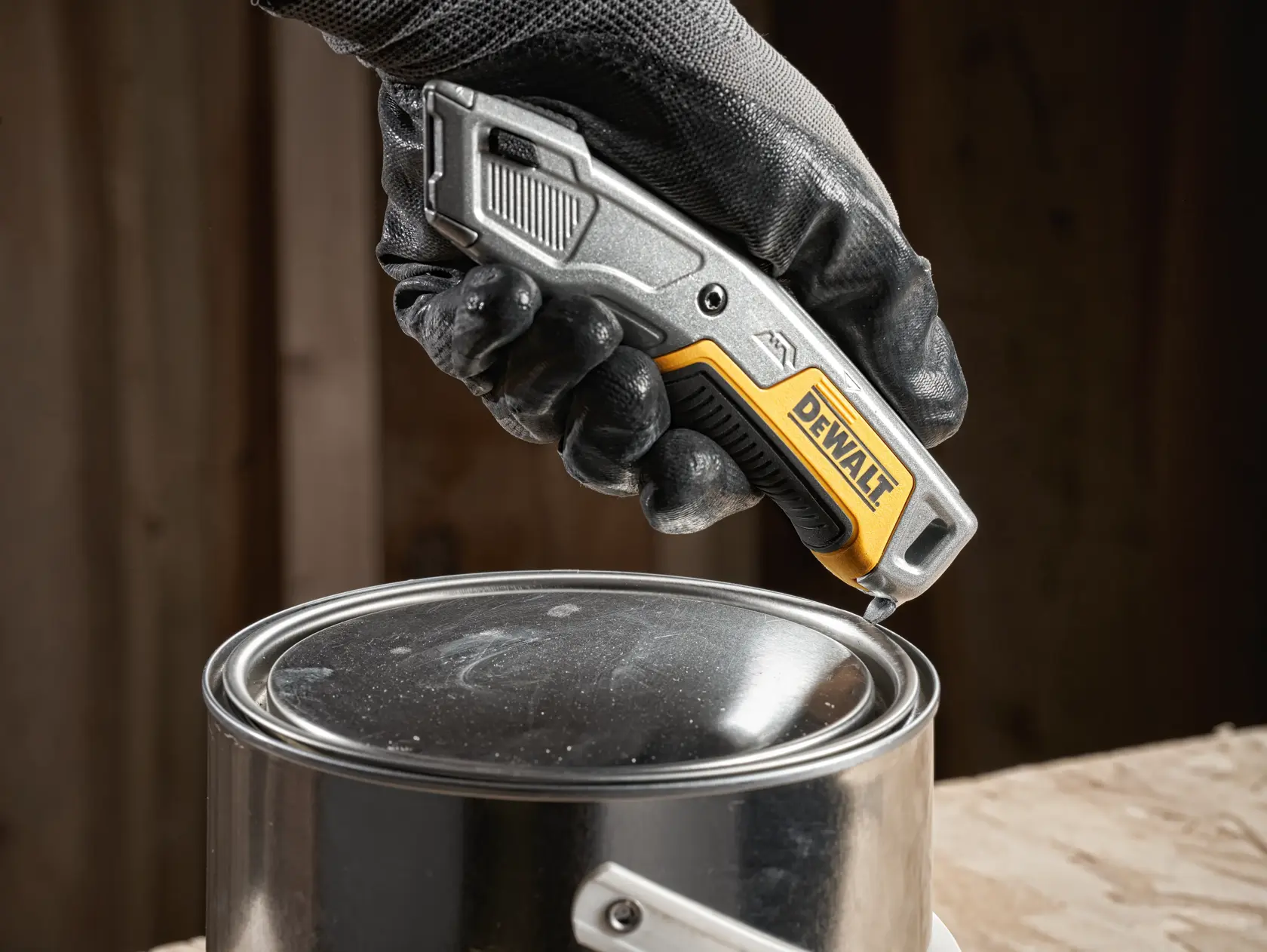 Gloved hand using a DEWALT utility knife to open a metal paint can on a wooden surface.