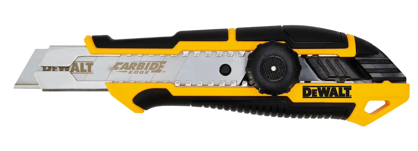 DEWALT retractable utility knife with carbide blade, yellow and black, shown side view.