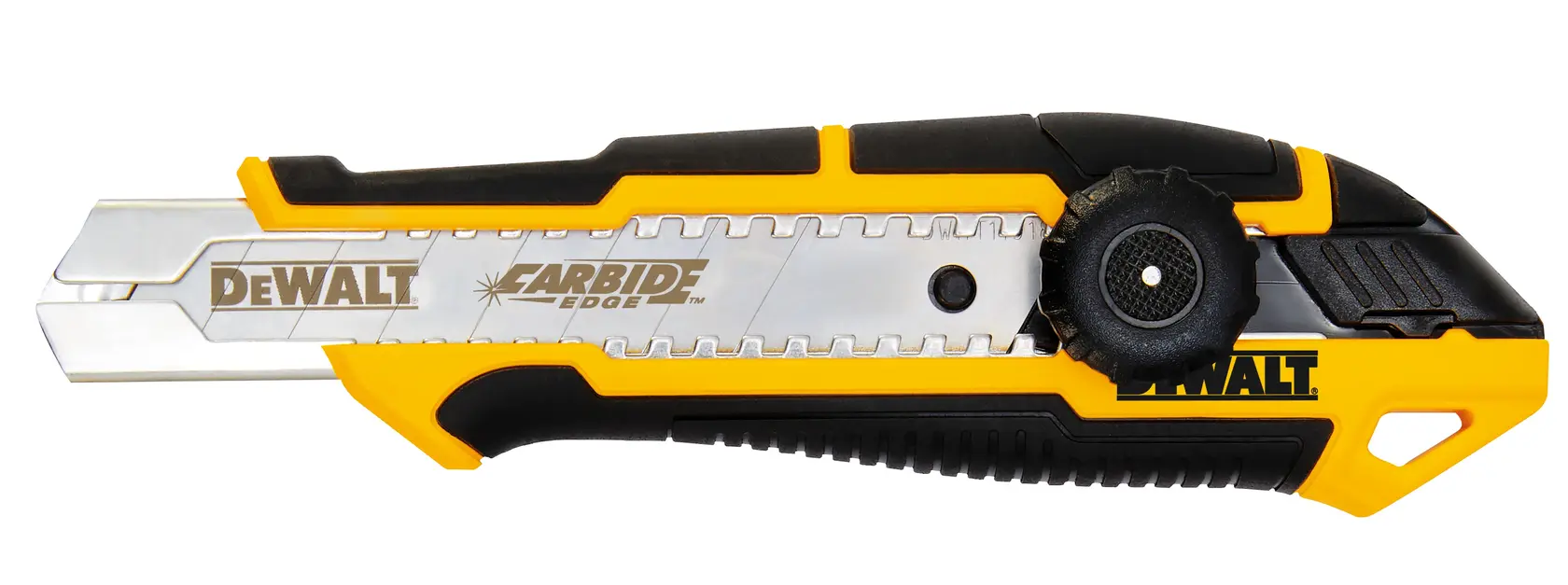 DEWALT utility knife with carbide blade, black and yellow handle, side adjustment wheel, close-up against white.