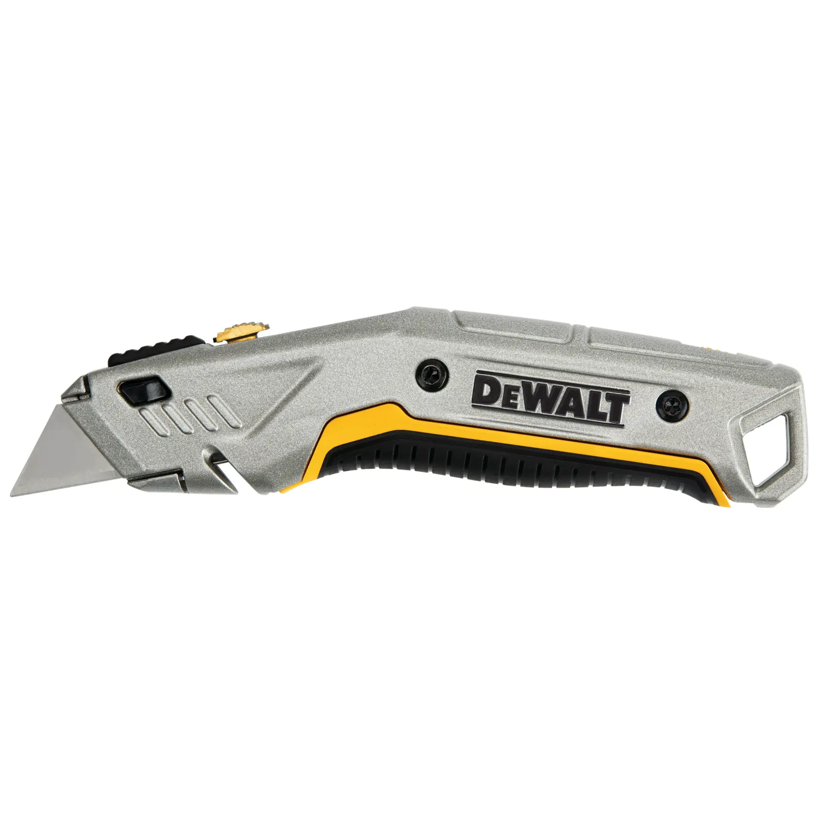 DEWALT utility knife with a silver and yellow handle and retractable blade, shown on a white background.