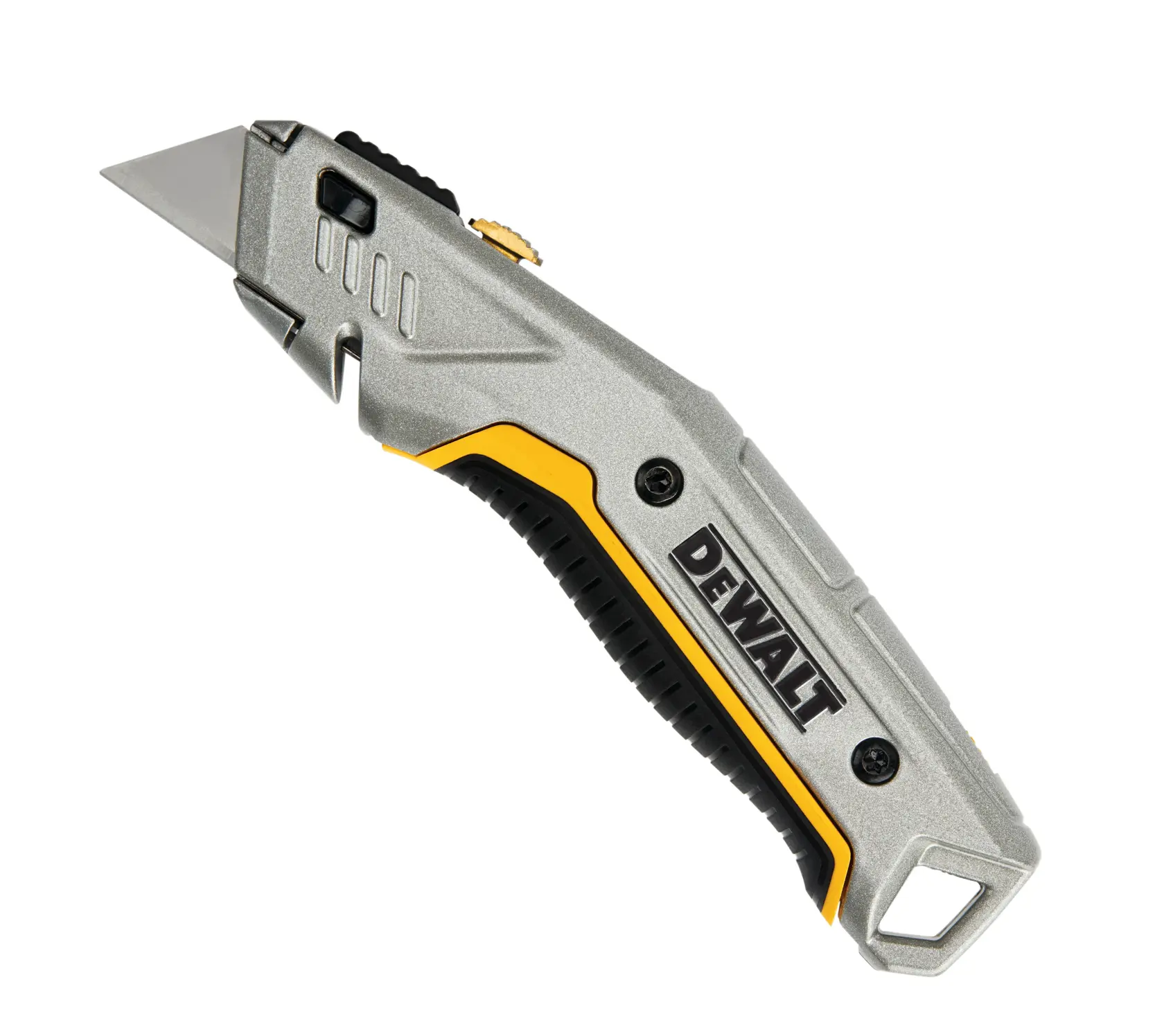 DEWALT folding utility knife with silver and yellow handle, retractable blade, ergonomic grip.