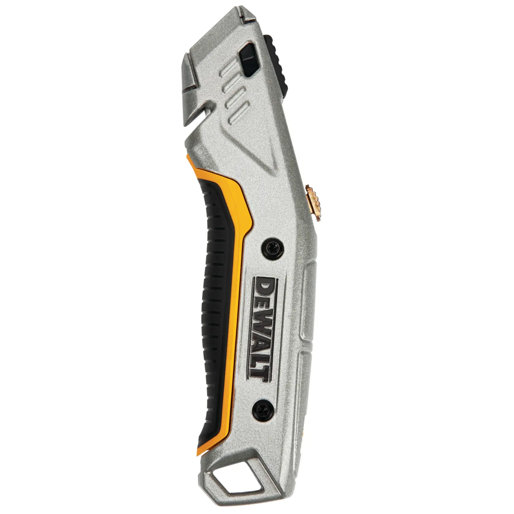 DEWALT utility knife with black and yellow grip, silver body, branded handle, sharp blade.