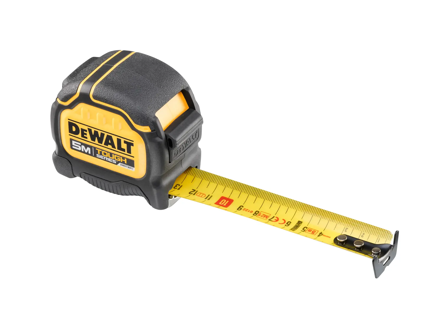 DEWALT 5 meter measuring tape with yellow blade and black casing, extended and shown on white background.