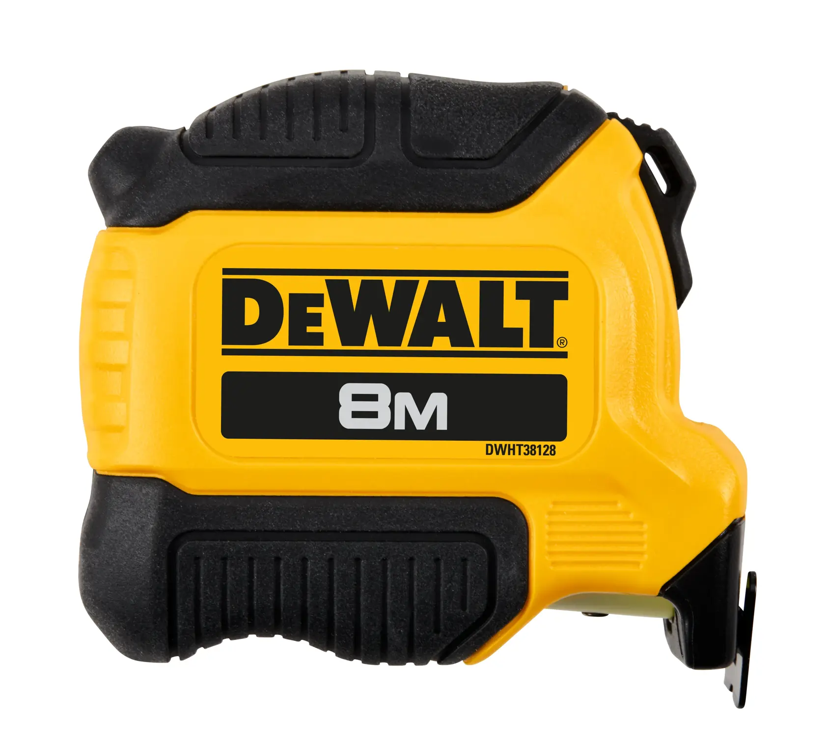 A DEWALT branded yellow and black 8 meter tape measure with a sturdy casing, model DWHT38128.