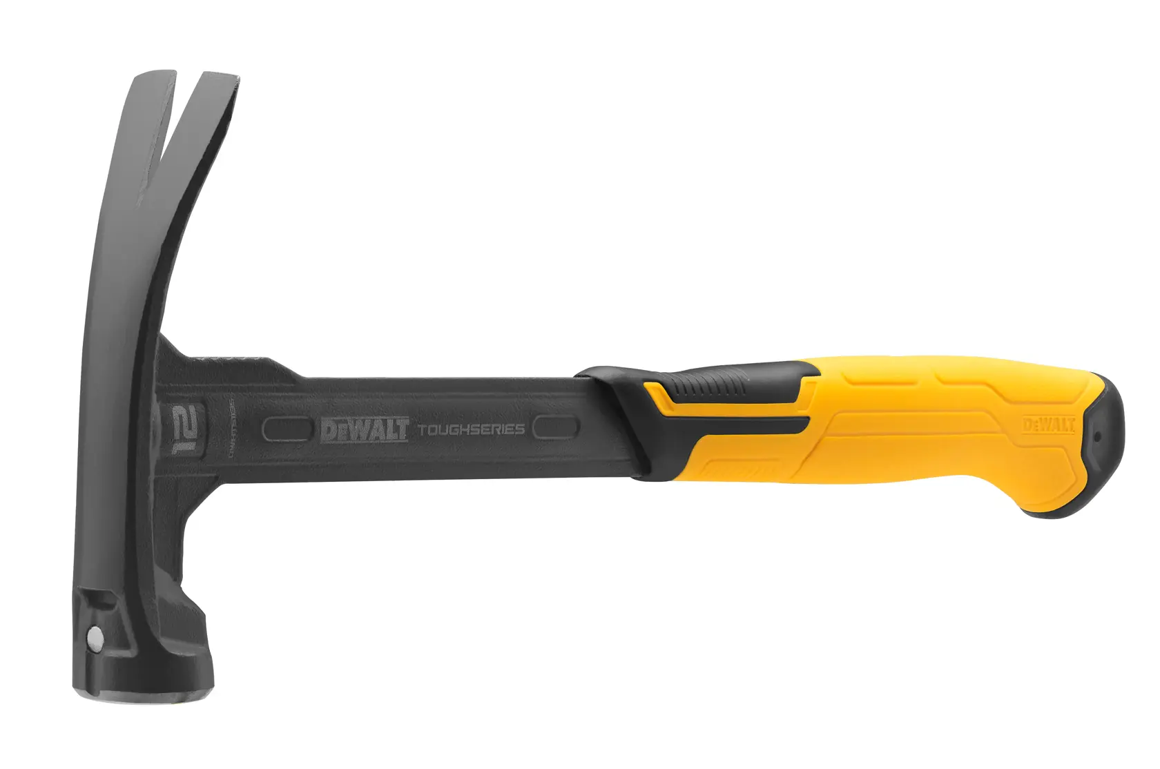 A DEWALT ToughSeries hammer with a black metal head and a yellow and black ergonomic handle, photographed on a white background.