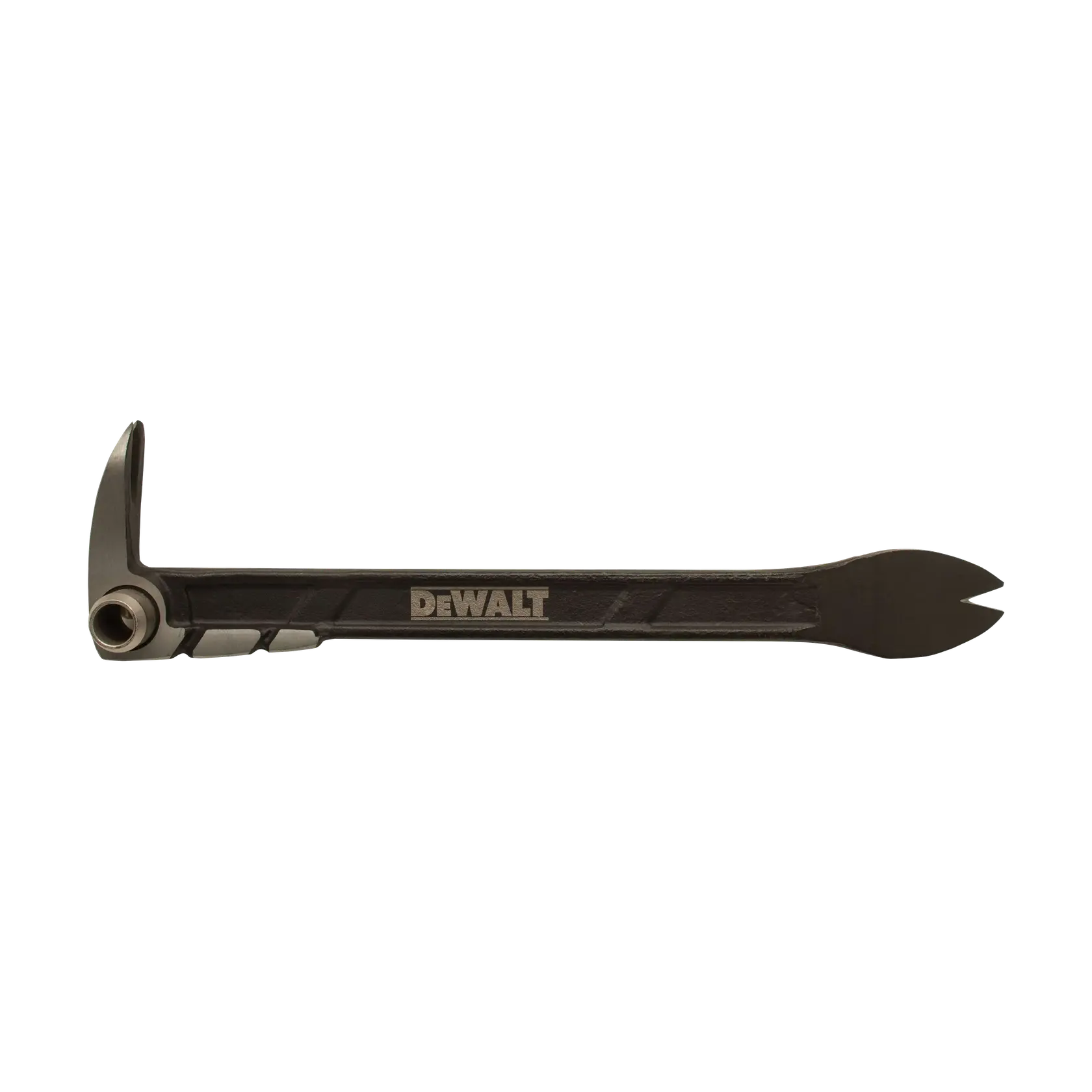 A DEWALT demolition bar, featuring a flat prying end and a curved claw, designed for heavy-duty demolition and prying tasks.