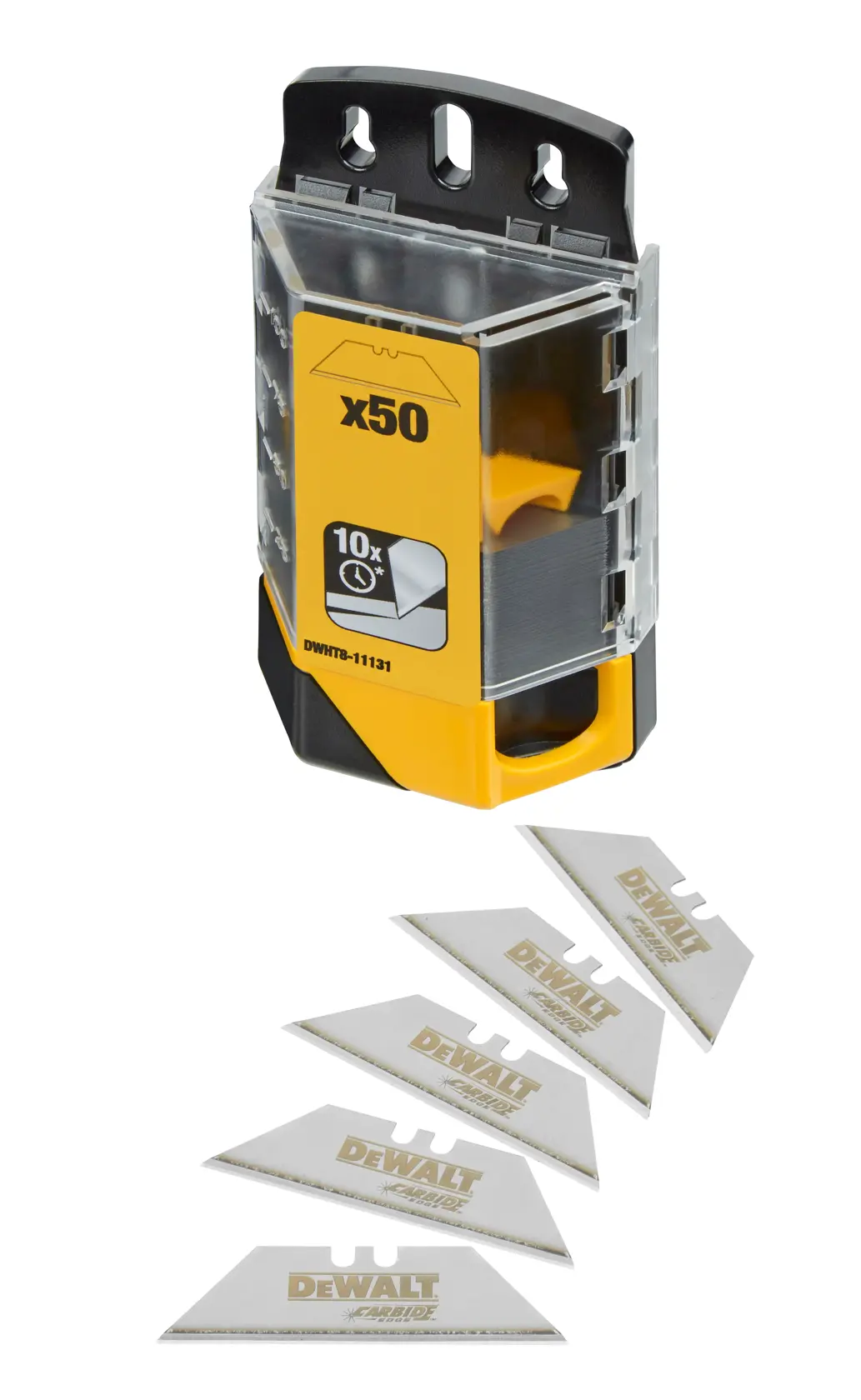 DEWALT DWHT8-11131 50-pack utility blades with yellow and black dispenser and five blades shown in front.