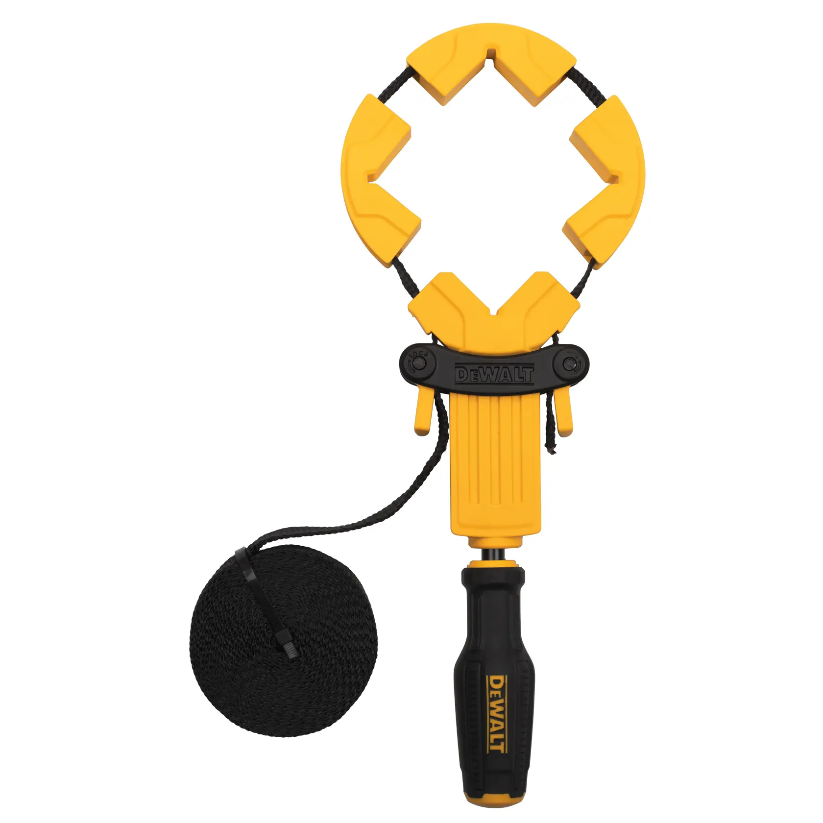 DEWALT yellow clamp tool with black handle and cord, used for securing circular objects.