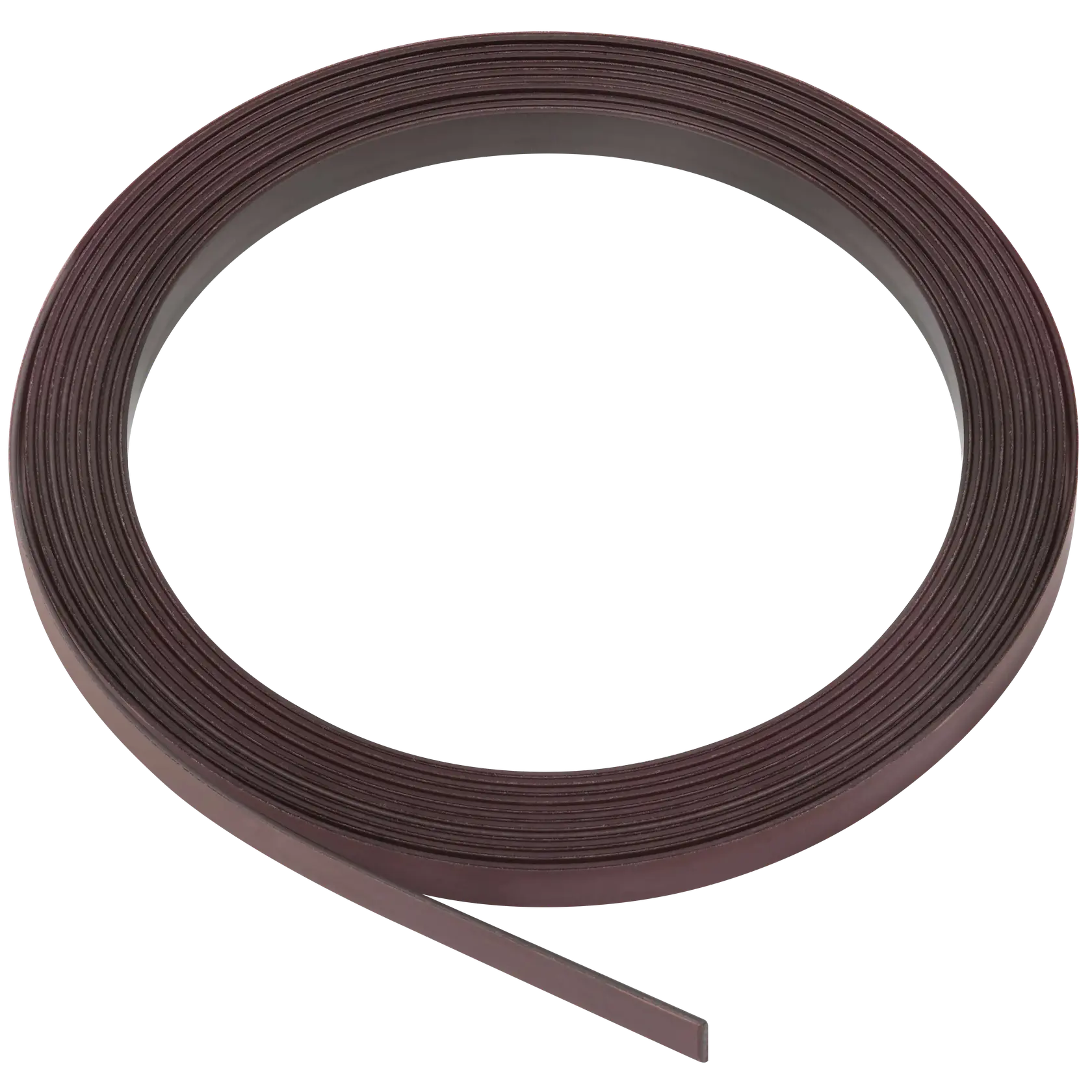 A coiled strip of dark brown material, likely a replacement rail or edge banding for woodworking or construction, shown on a white background.