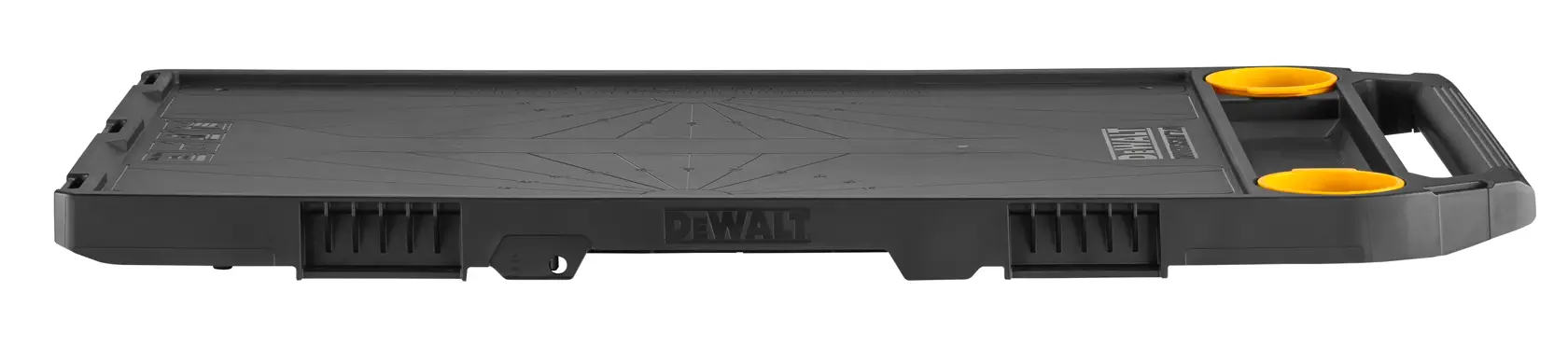 DEWALT DWST08550-1 black flat tool tray with handle and two yellow round holders, viewed from the side.