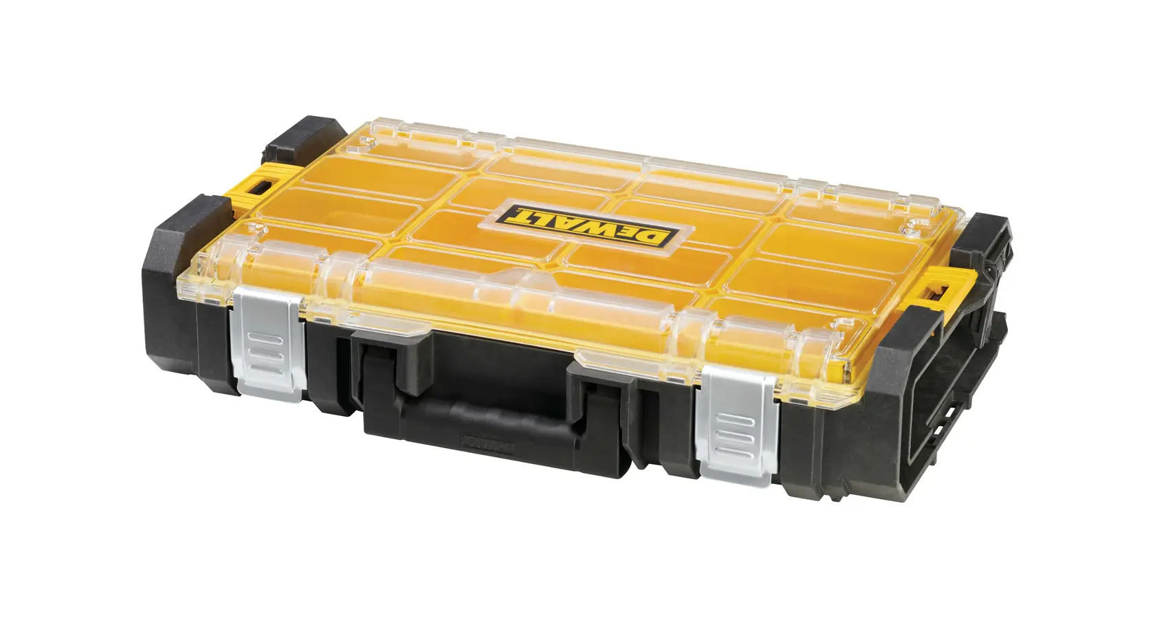 A Dewalt branded yellow and black tool case with a transparent lid, designed for organizing small tools or accessories.