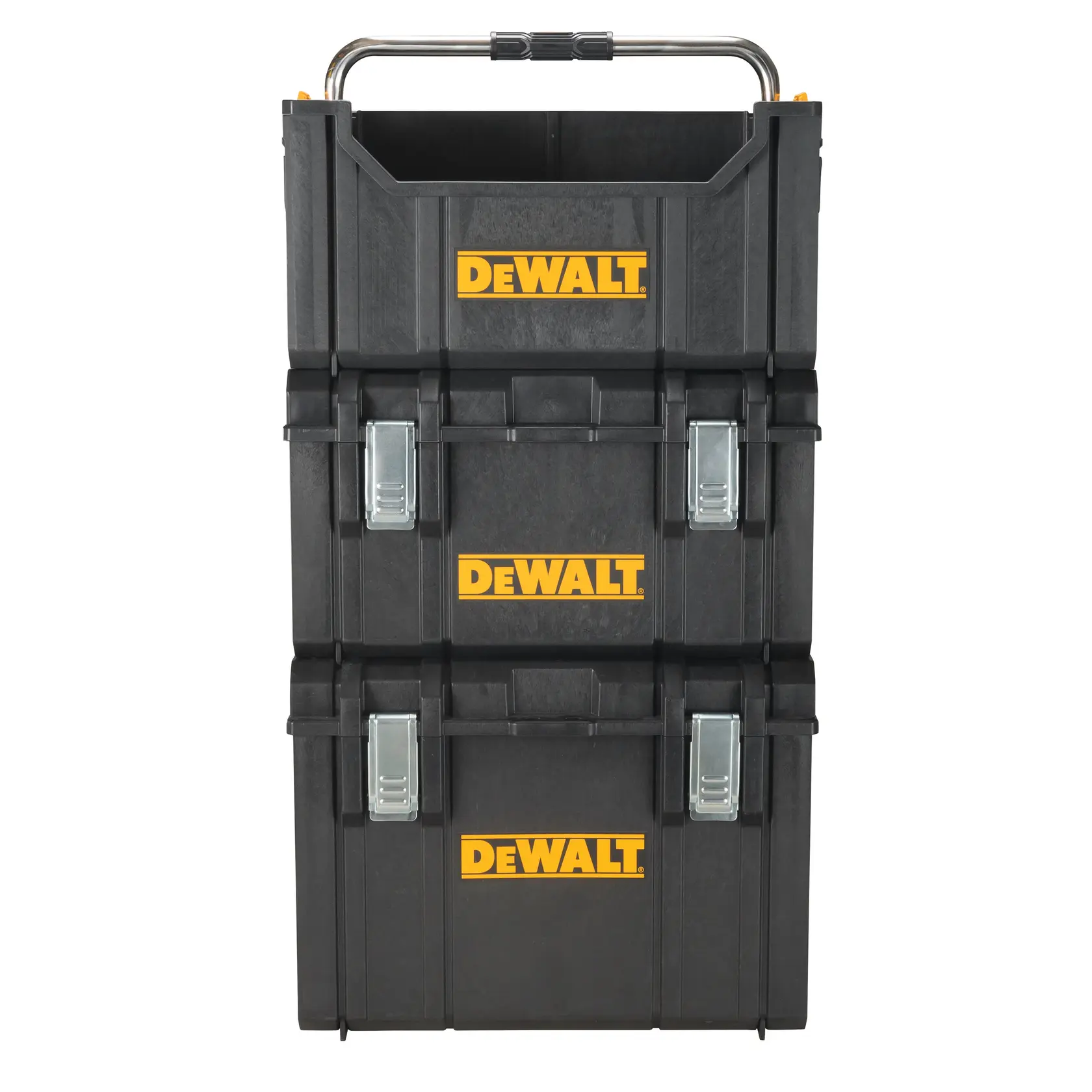Stacked black DEWALT toolboxes with yellow logo and metal latches, featuring a metal carrying handle on top.