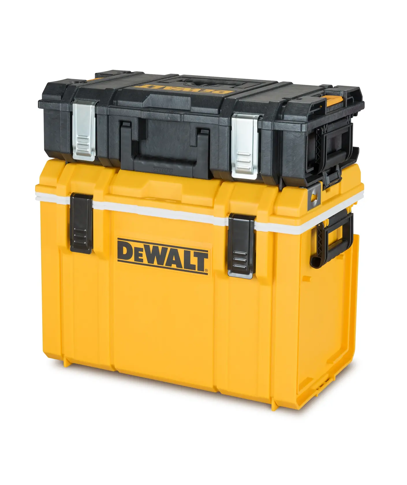 DEWALT yellow and black toolbox with secure latches, stacked with a smaller toolbox on top.