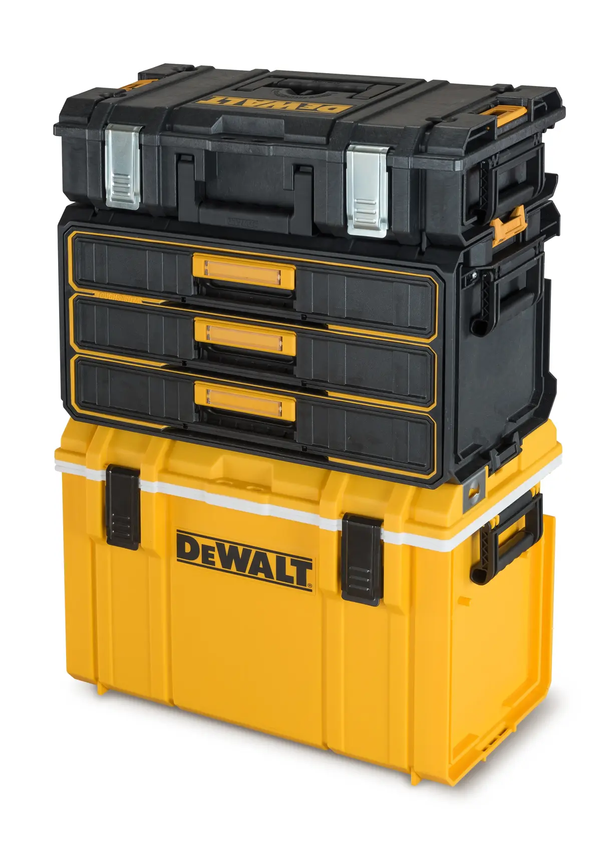 Stacked DEWALT storage boxes in yellow and black with drawers and sturdy latches, suitable for tools or accessories.