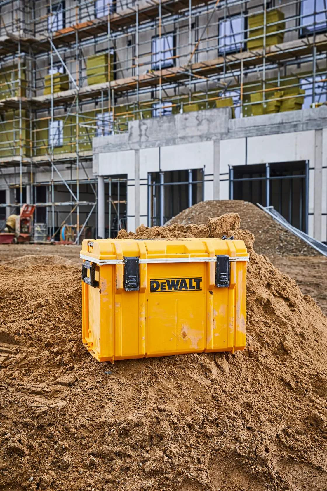 Yellow DEWALT tool storage box on a dirt mound at a construction site with scaffolding in the background.