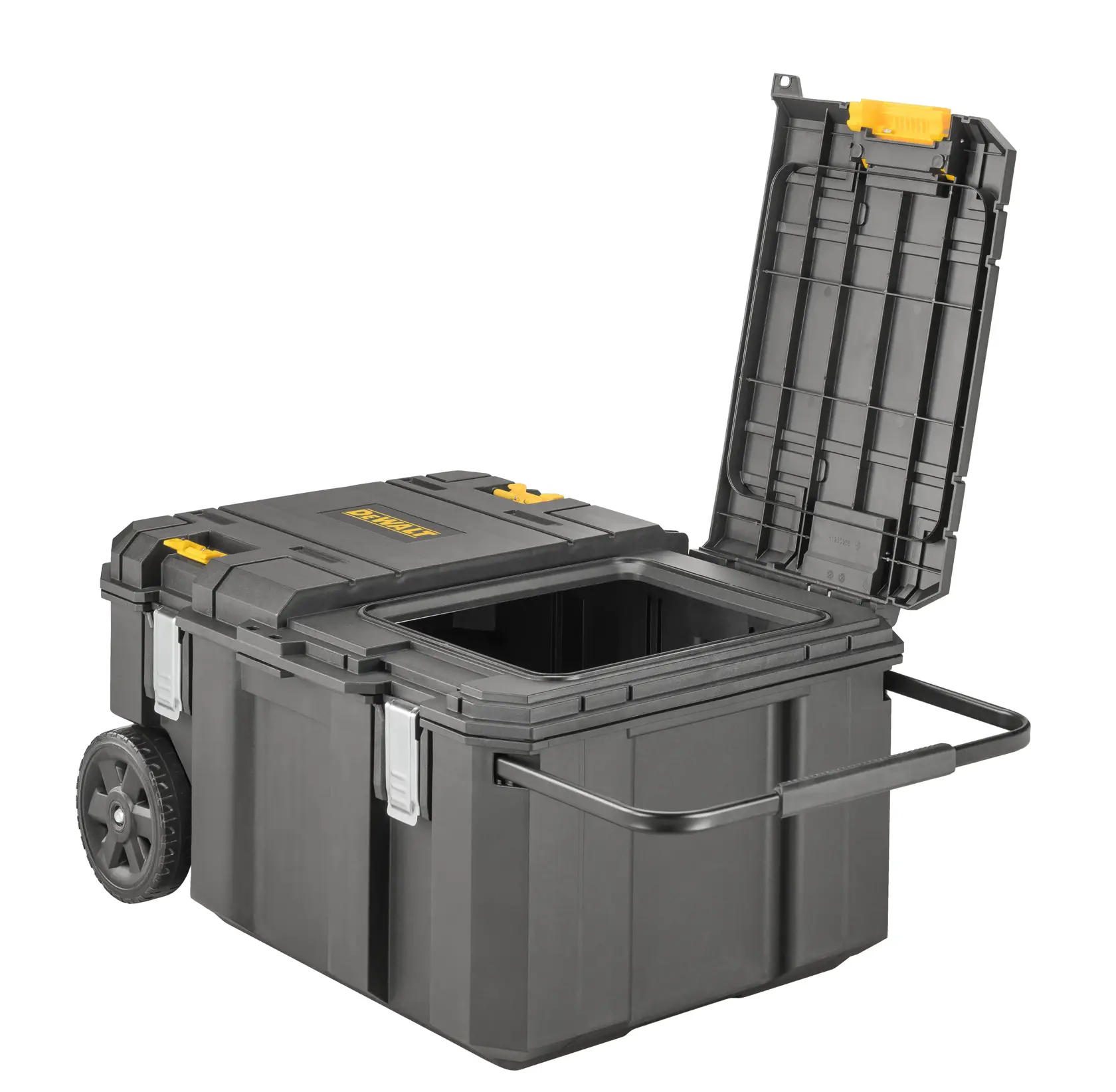 DEWALT rolling tool box with open lid, large interior storage, handle and wheels, black and yellow design.