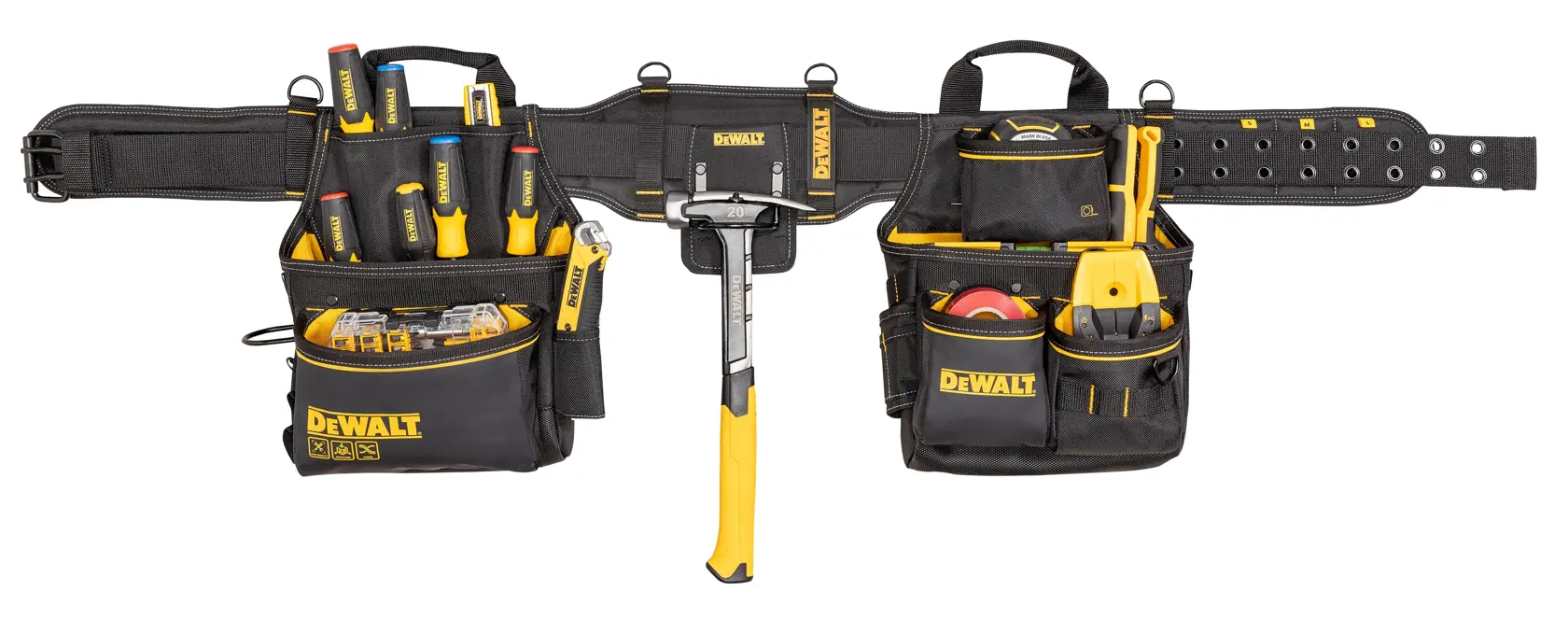 A DEWALT branded black and yellow tool belt with multiple pockets containing various hand tools such as screwdrivers, a hammer, a tape measure, and other accessories. The tool belt is designed for easy access and organization of tools.