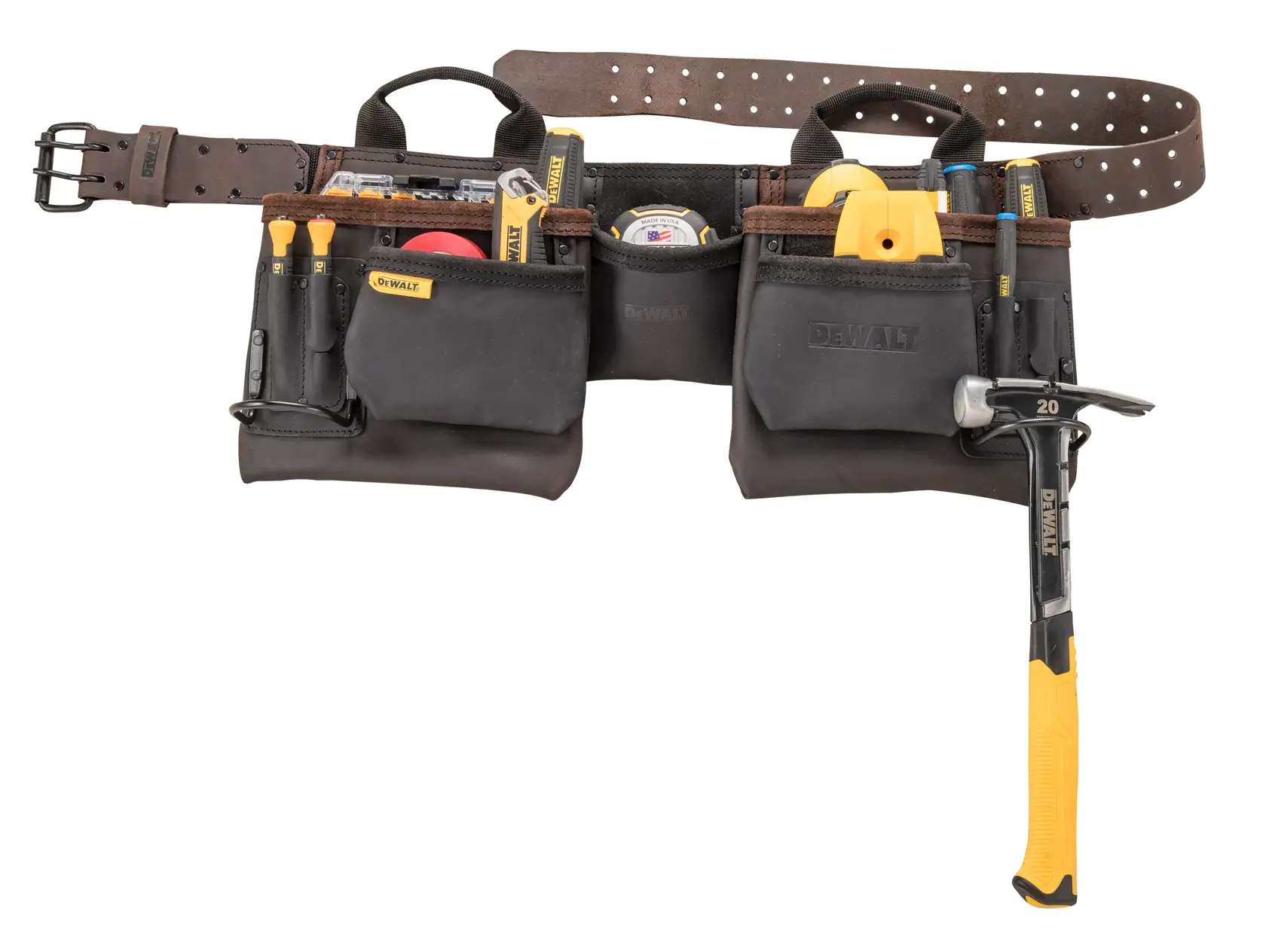 A DEWALT leather tool belt with multiple pockets, filled with various hand tools including a hammer, screwdrivers, measuring tape, and other accessories.
