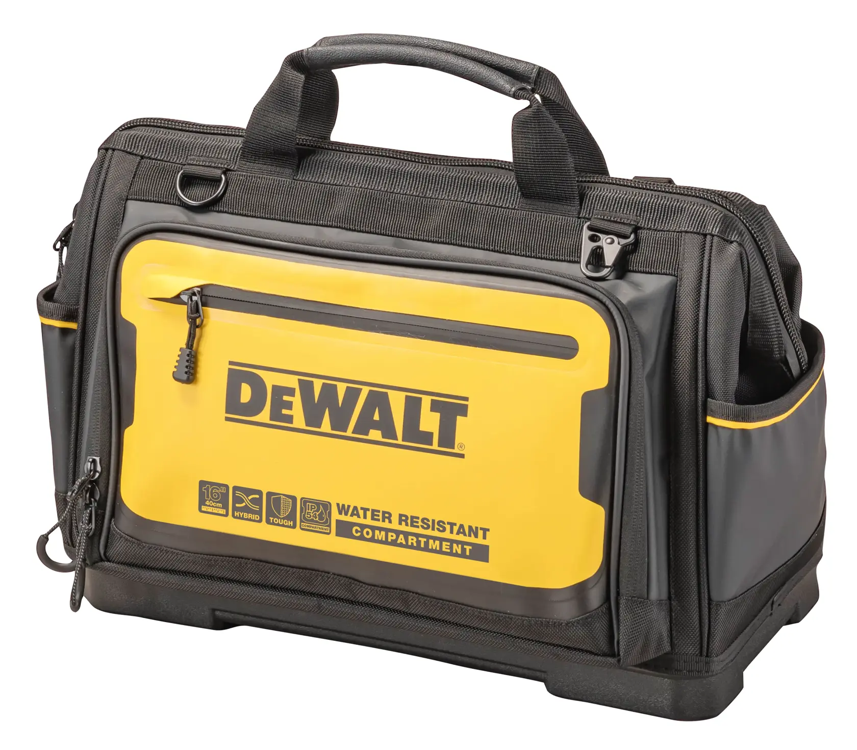 DEWALT black and yellow tool bag with water resistant compartment and side pockets.