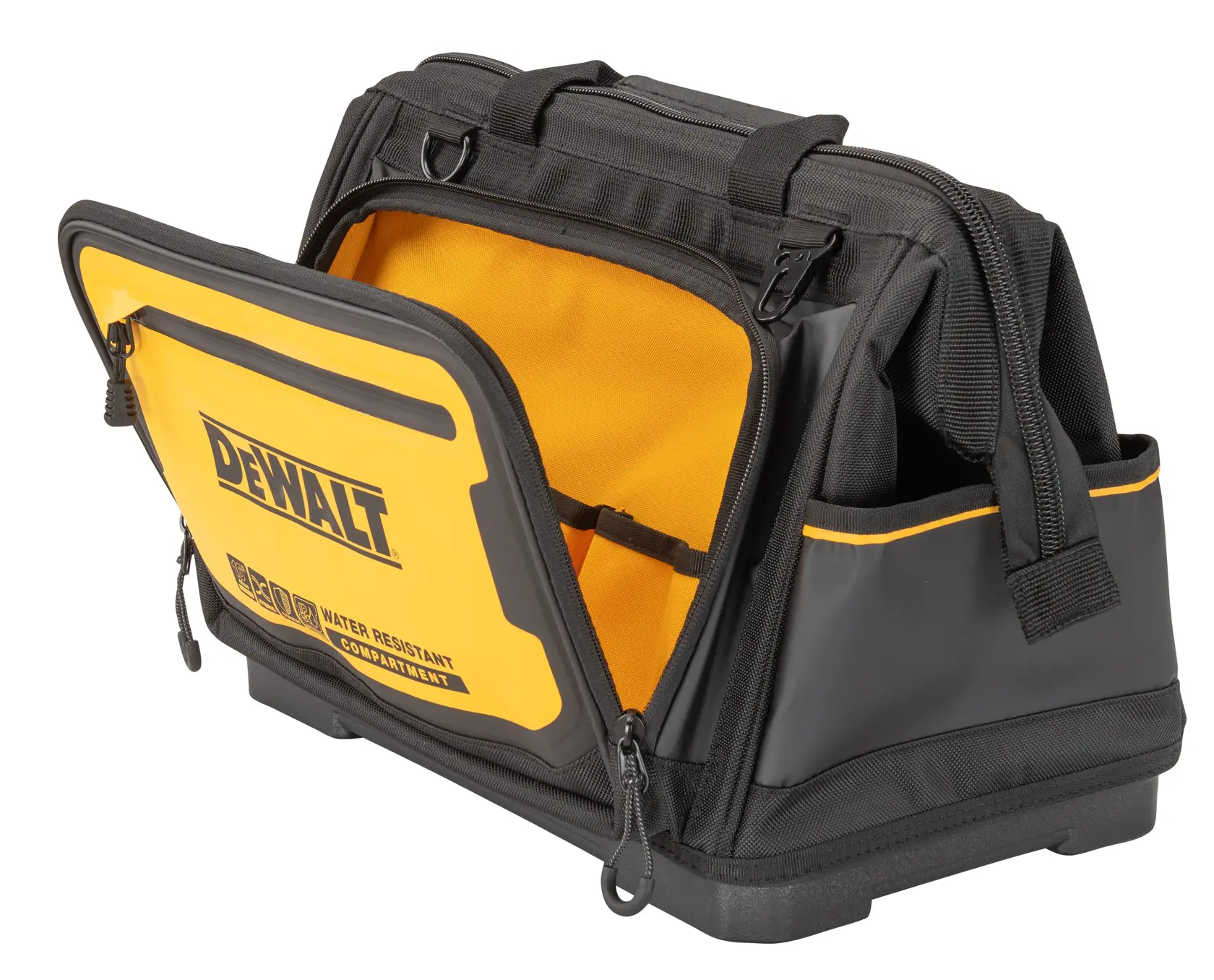 DEWALT black and yellow tool bag with zippered, water-resistant front compartment and side pockets.