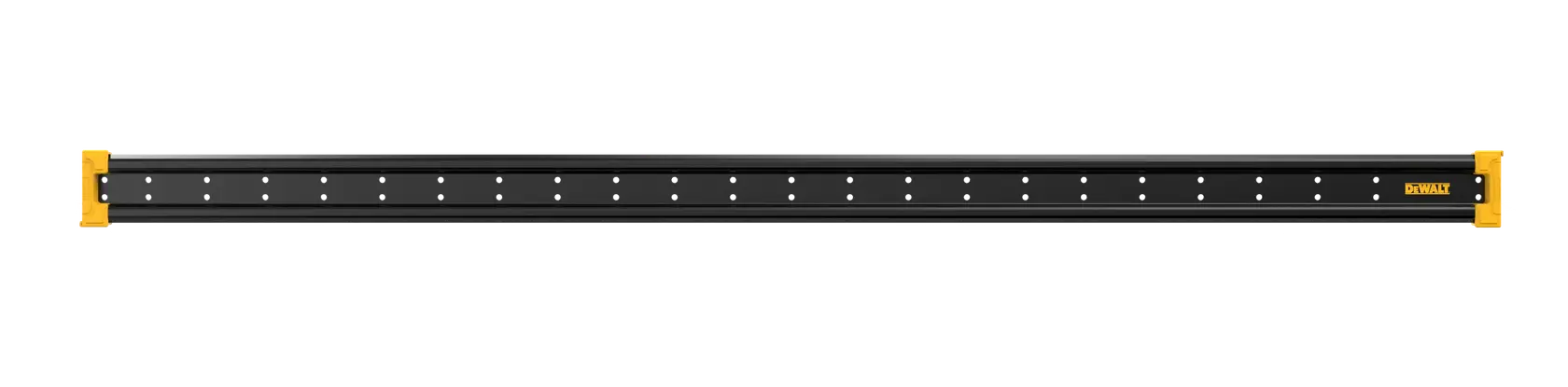 DEWALT black metal wall-mounted tool organizer rail with yellow ends.