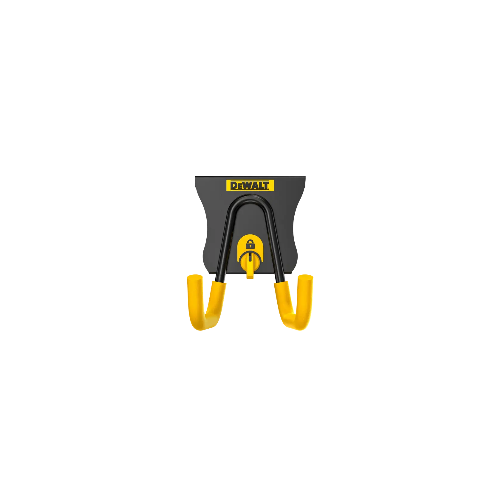 DEWALT DWST82805 wall-mounted hook with yellow-coated arms for organizing tools or equipment.