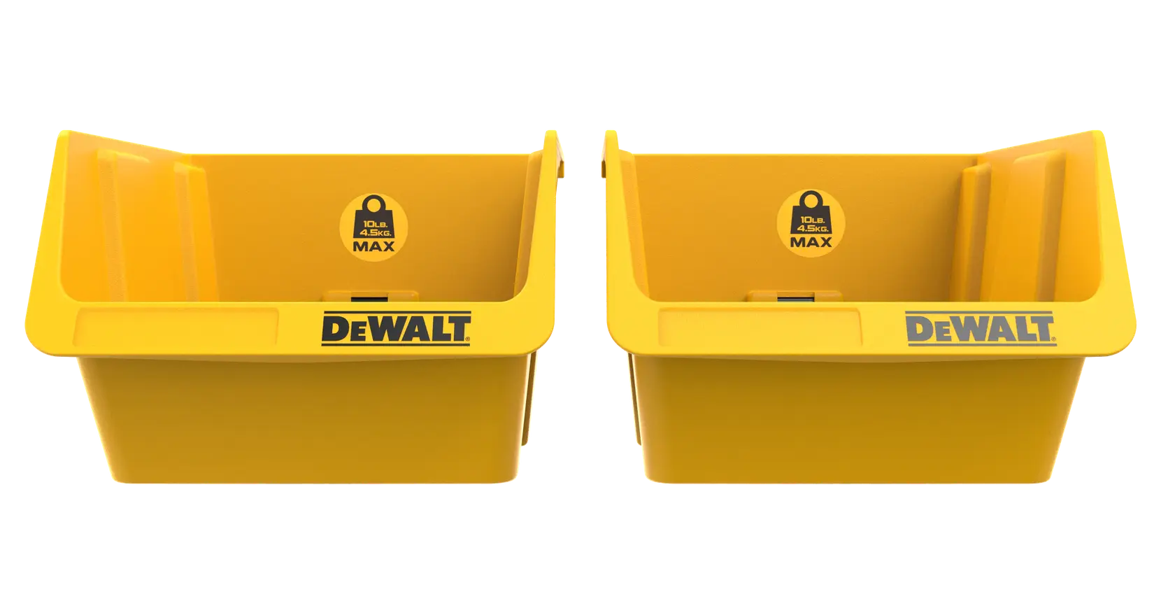 Two yellow DEWALT storage bins with front openings, designed for organizing tools or hardware.