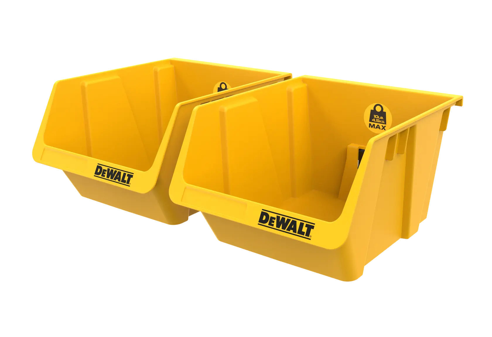Two yellow DEWALT plastic storage bins with open front for easy access, ideal for organizing tools or parts.