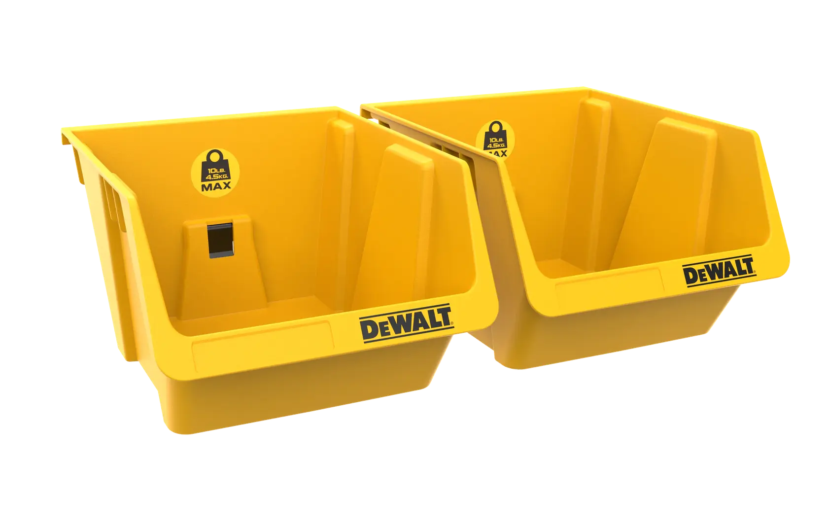 Two yellow DEWALT storage bins with open fronts, designed for organizing tools or parts.