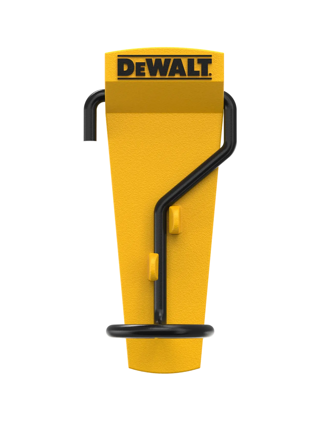 Yellow DEWALT camera holder with angled black metal hook for mounting equipment.
