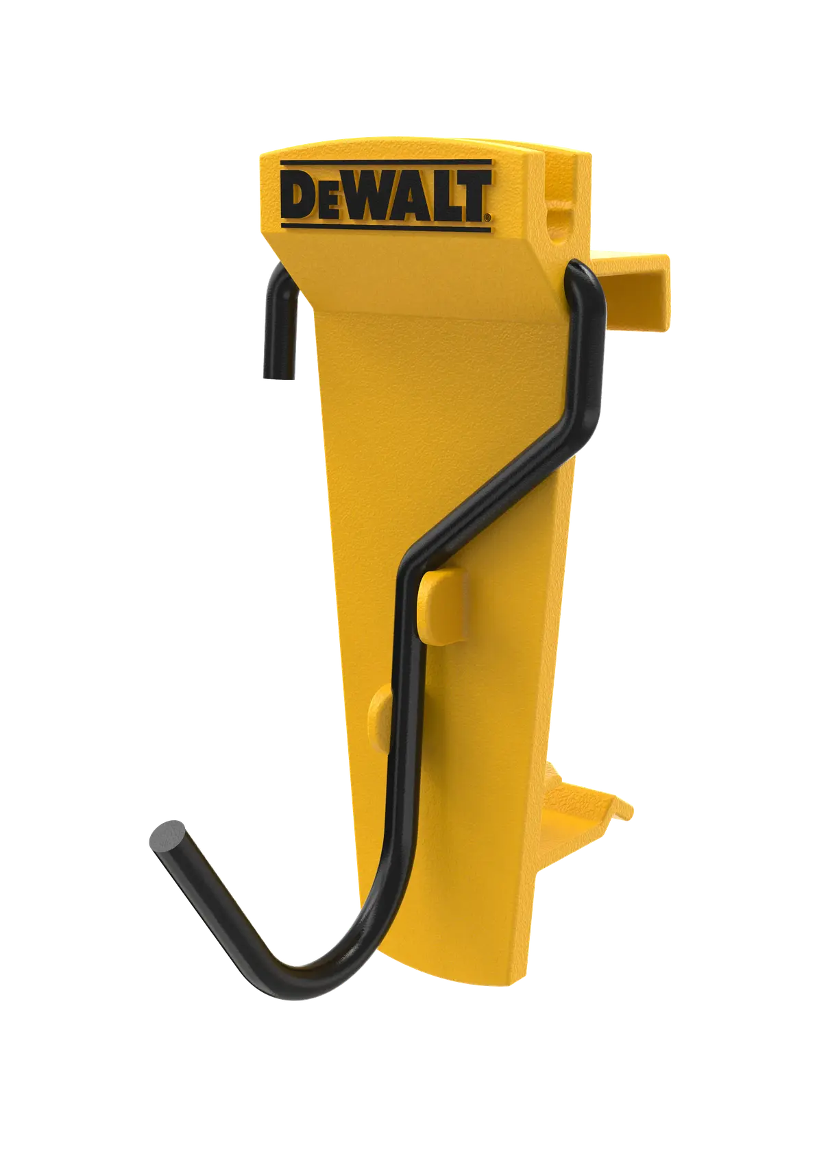 Yellow DEWALT wall hook with a black metal arm for tool or accessory storage.