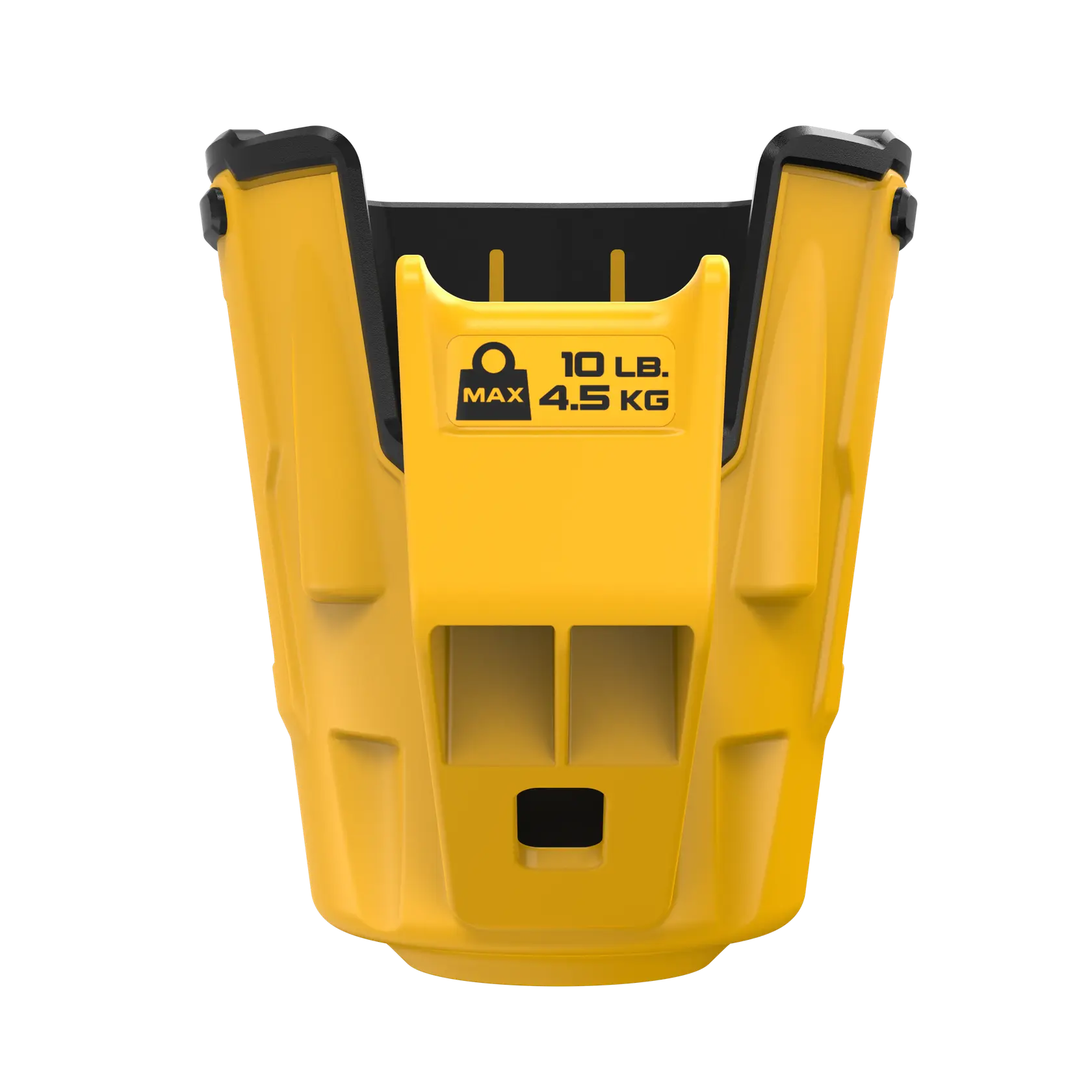 Yellow DEWALT bucket accessory, max load 10 lb (4.5 kg), sturdy plastic, black accents, front view.