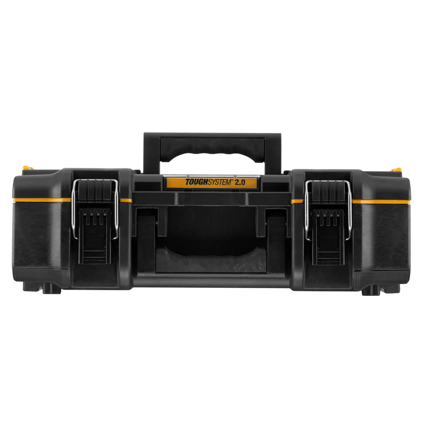 Front view of a DEWALT ToughSystem 2.0 black tool box with yellow accents and secure latches.