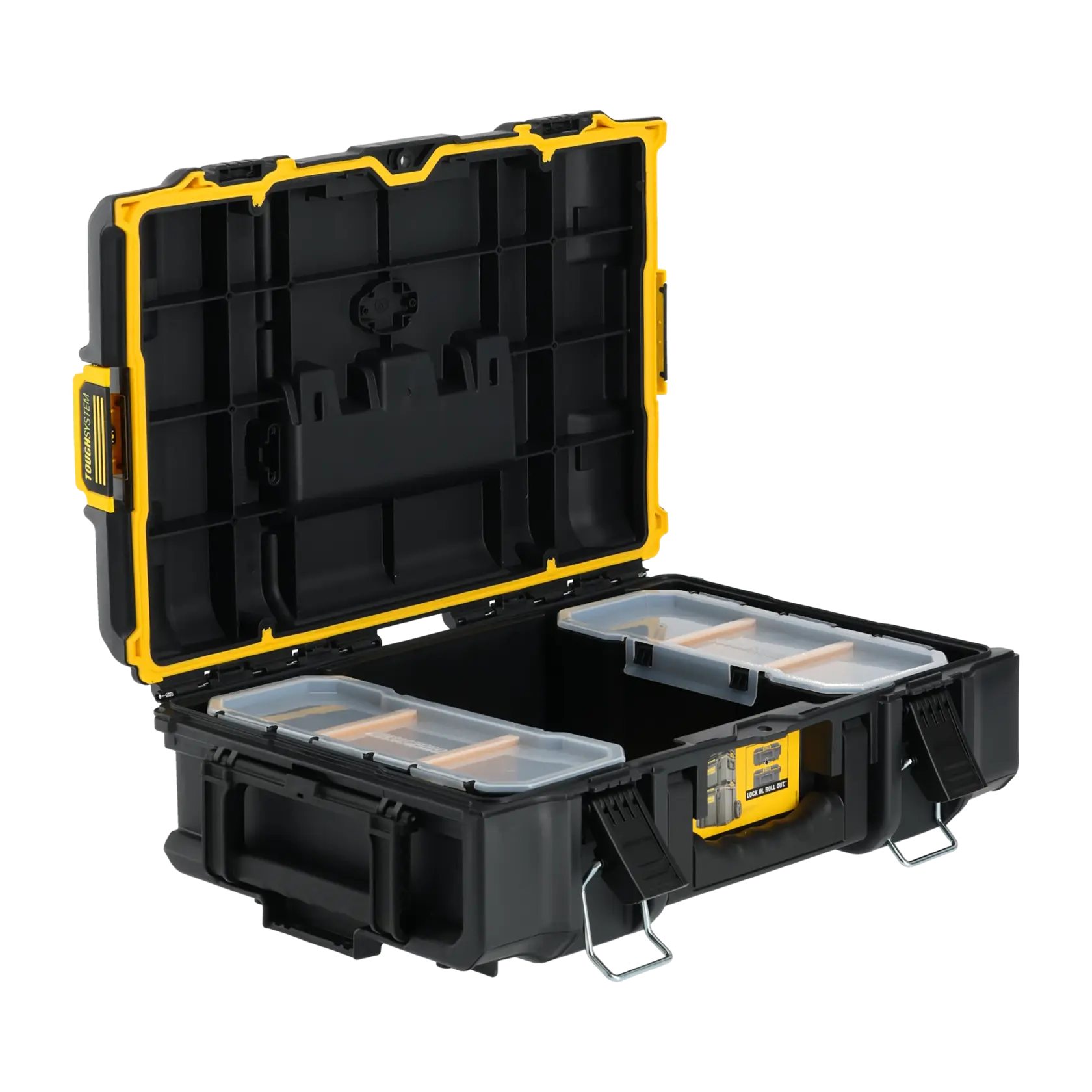 Open DEWALT black and yellow tool case with internal storage compartments and clear lids.