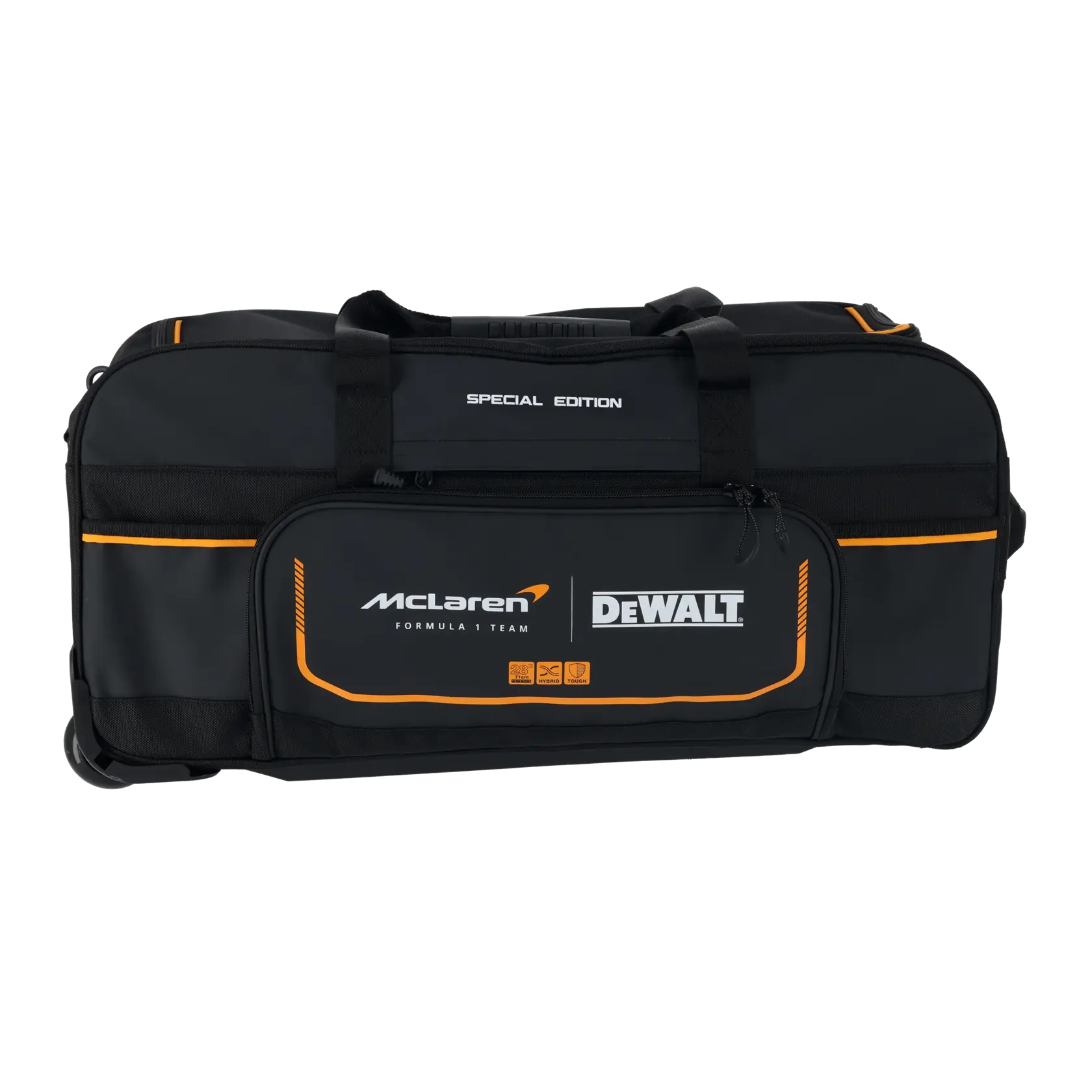 Black DEWALT special edition tool bag with McLaren branding, orange accents, carrying handles, and front zipper pocket.