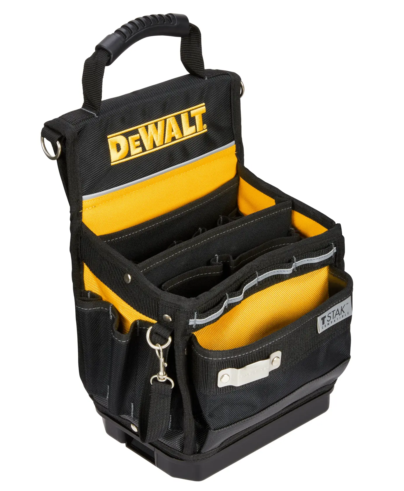 A DEWALT branded black and yellow tool organizer bag with multiple compartments, a sturdy handle on top, and a metal clip on the front. The bag is designed for storing and transporting tools and accessories.