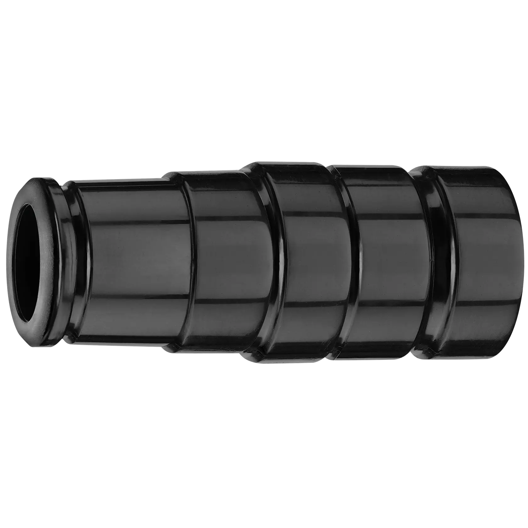 Black plastic connector accessory with ridges, used for attaching hoses or tubes.