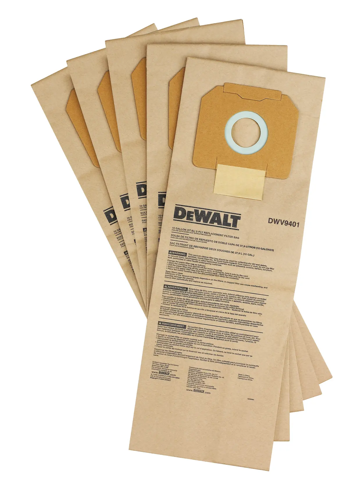 A set of five DEWALT DWV9401 replacement filter bags made of brown paper, fanned out. Each bag displays the DEWALT logo, product information, and a circular opening with a cardboard connector.