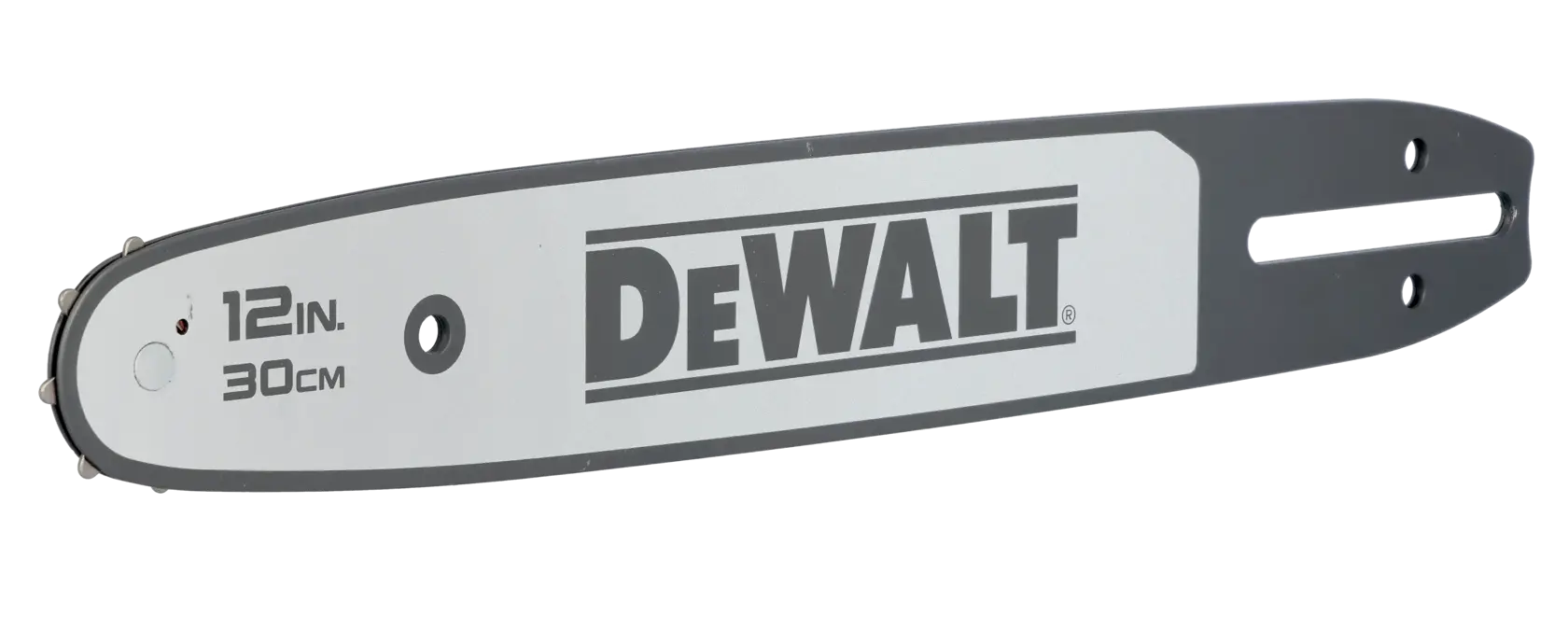 DEWALT 12-inch (30cm) chainsaw guide bar with logo, shown against a white background.