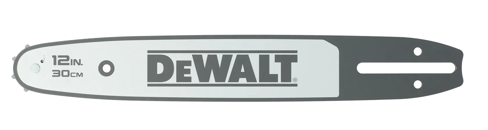 DEWALT 12-inch (30 cm) chainsaw bar, flat and grey, shown isolated on a white background.