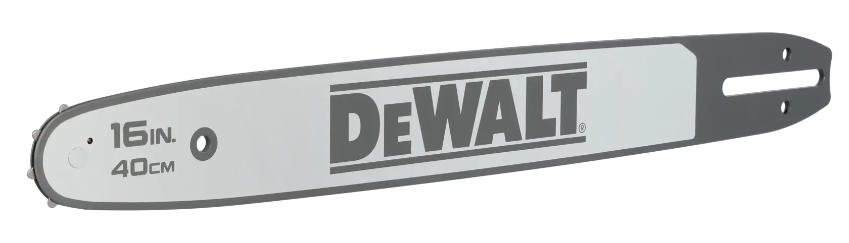 DEWALT 16-inch (40cm) chainsaw bar in gray with black logo, suitable for professional and DIY use.