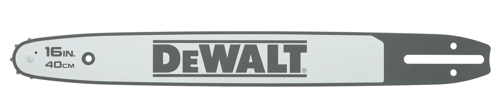 DEWALT chainsaw bar, 16 inch (40 cm), silver and black, straight with mounting holes.