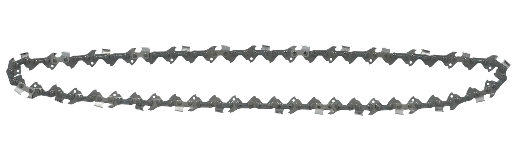 A DEWALT chainsaw chain, oval-shaped, designed for cutting wood. The chain has sharp metal teeth.