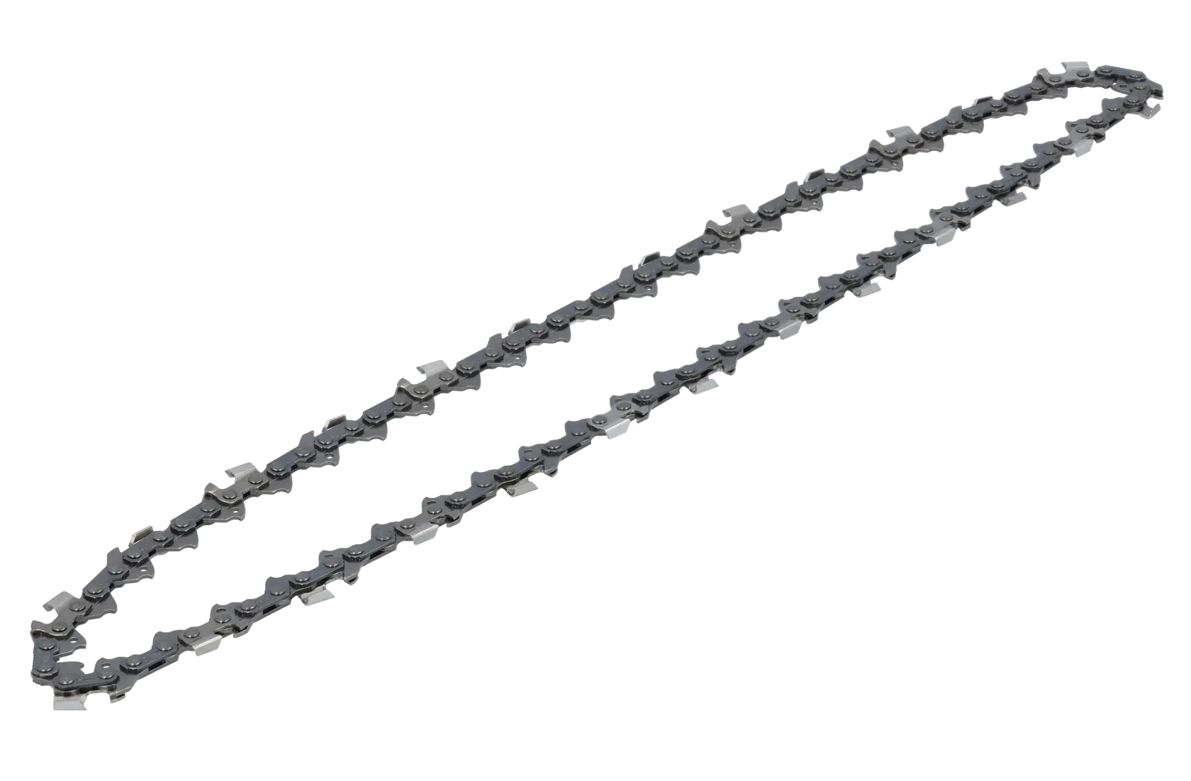 Metal chainsaw chain with sharp teeth shown on a white background.