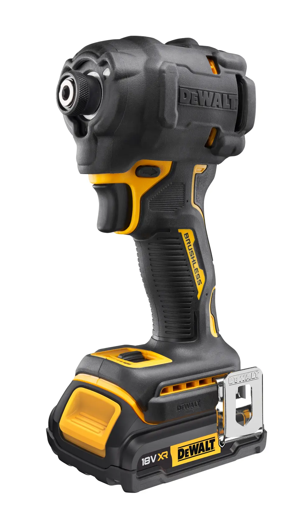 Cordless DEWALT 18V XR impact driver with black and yellow design, ergonomic grip and metal clip.