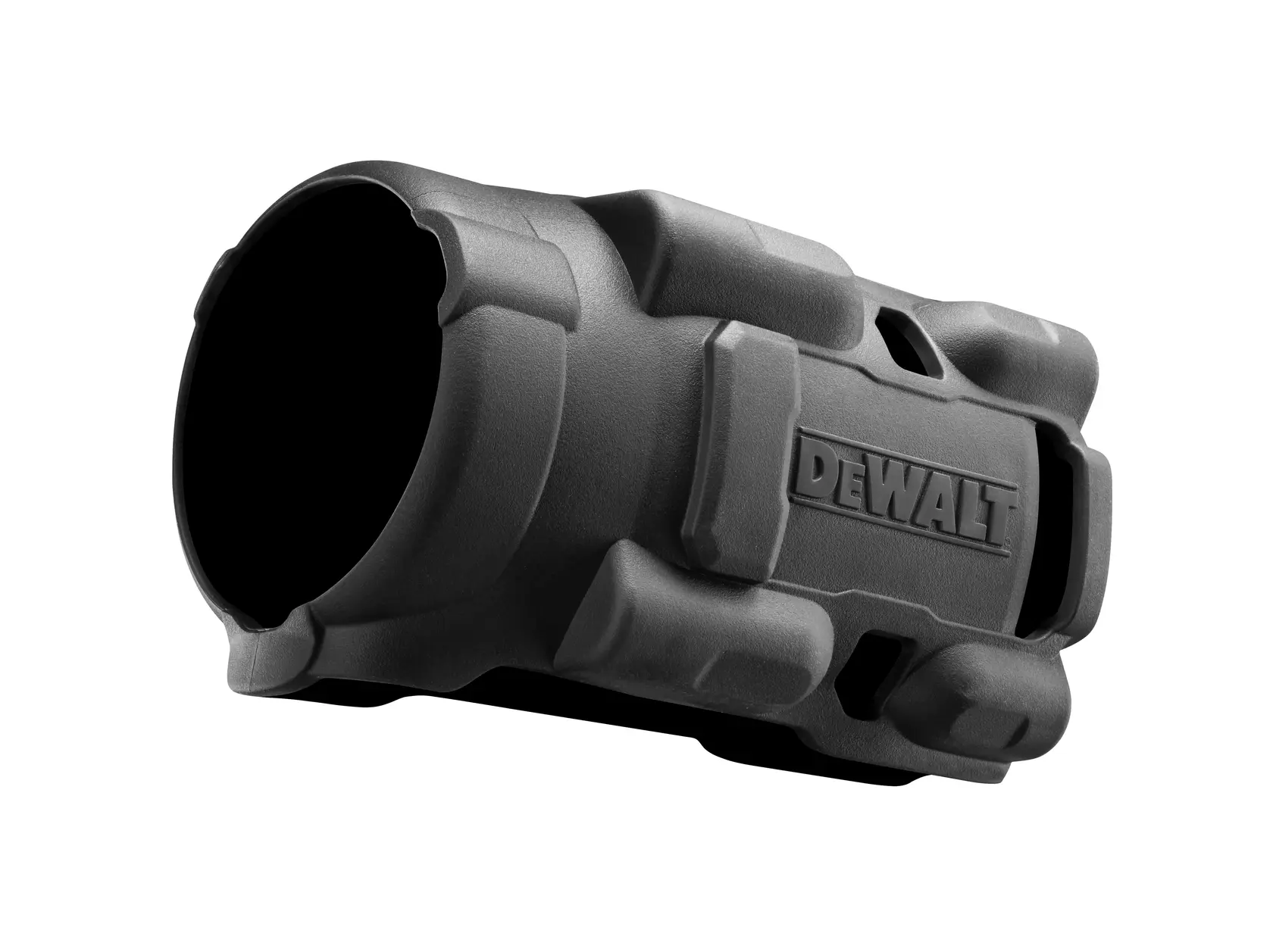 DEWALT black protective camera lens cover with rugged, textured design viewed from an angle.
