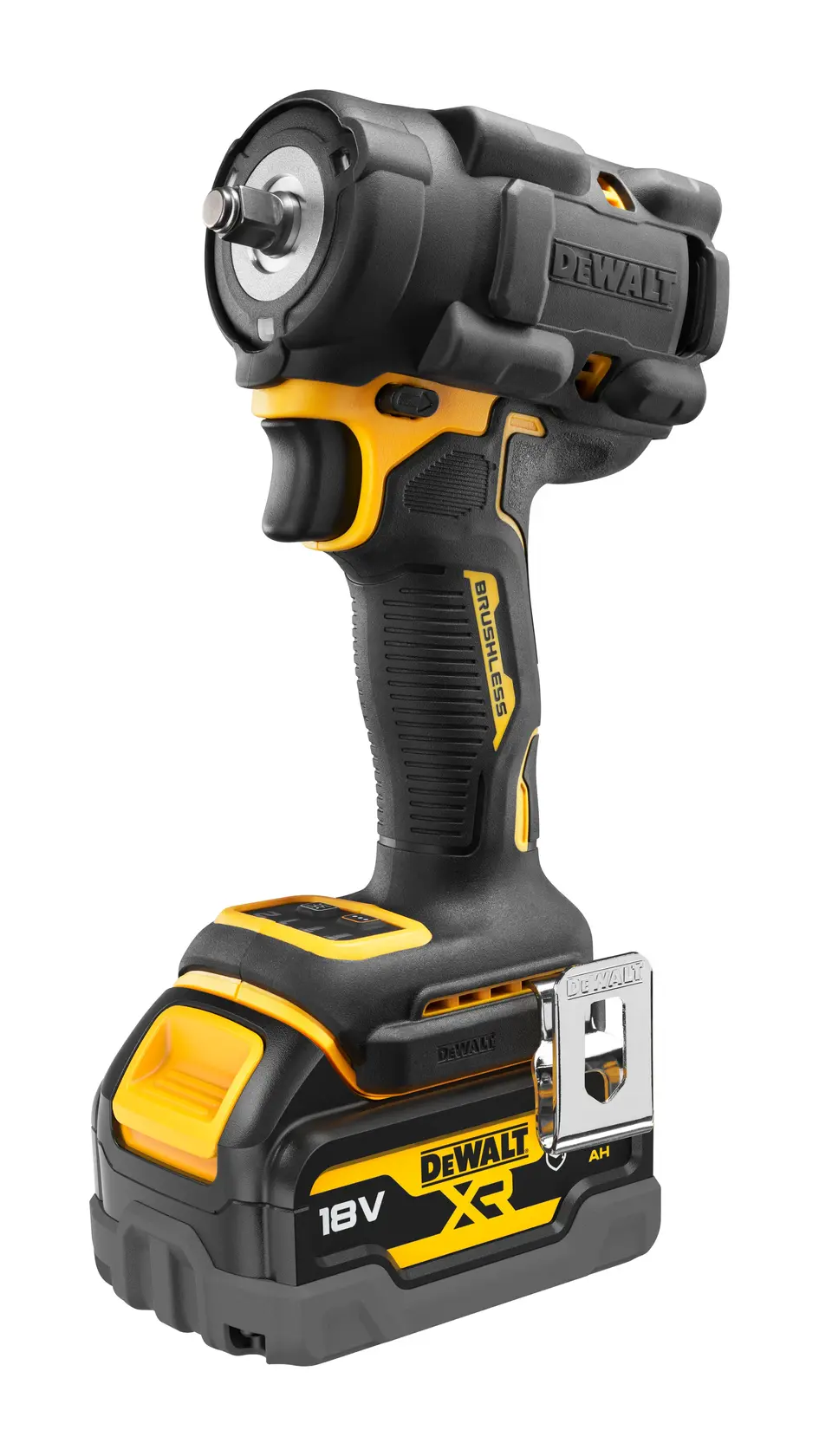 DEWALT 18V cordless impact wrench with brushless motor, black and yellow, battery attached.